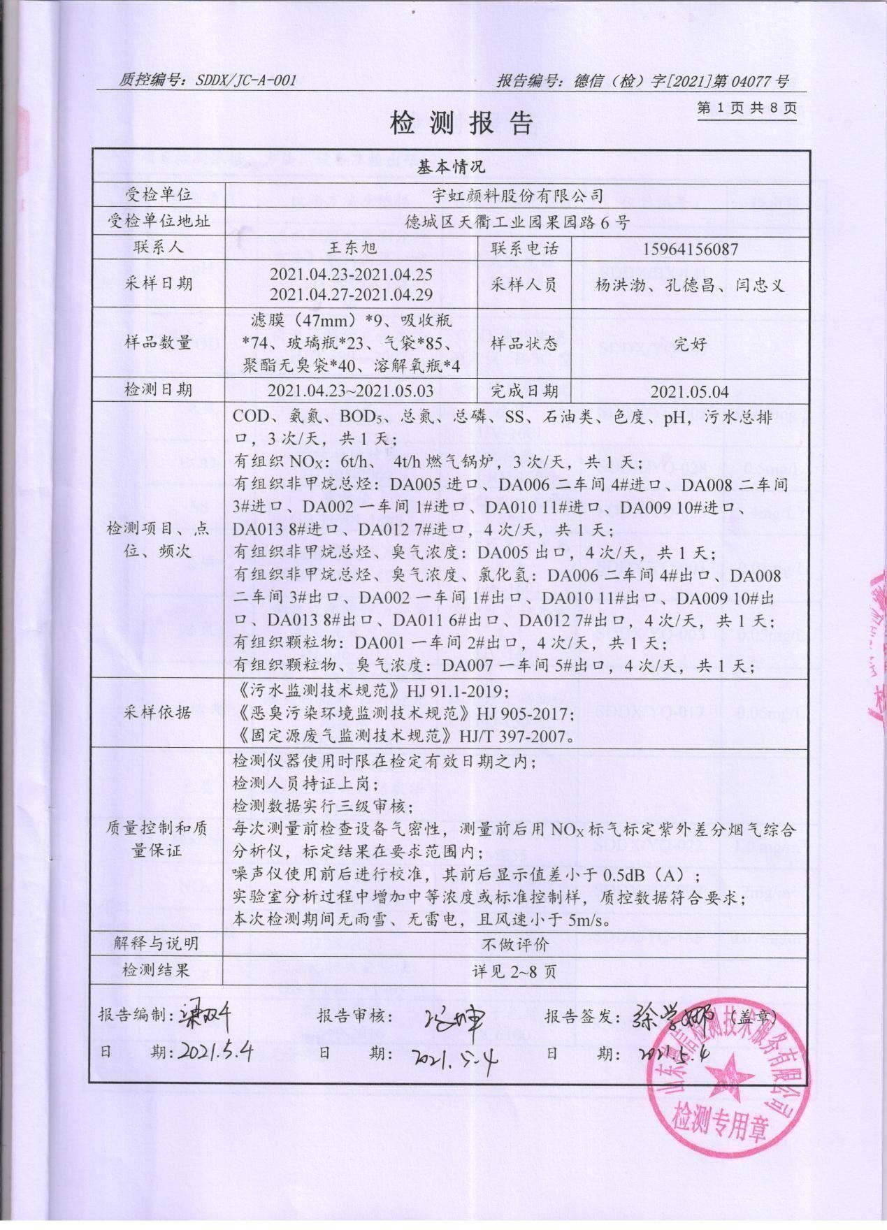 宇虹顏料股份有限公司廢水、大氣污染物檢測(cè)報(bào)告公示